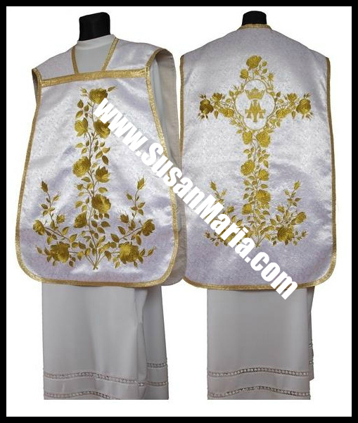 Embroidered White Roman Vestments with Marian Theme